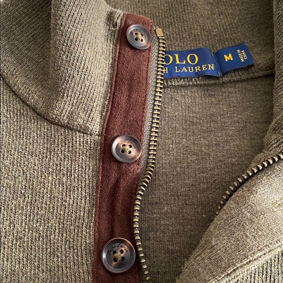 POLO Ralph Lauren 100% cotton Khaki Quarter-Zip Sweater suede elbows button neck - Picture 6 of 16